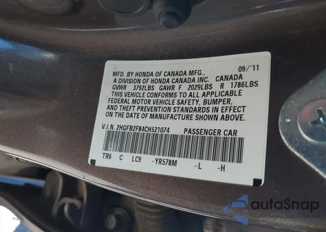 2012 Honda Civic Ex from USA, damaged, VIN 2HGFB2F84CH521074